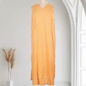 Flax Sleeveless‎ Maxi Dress Womens L Pin Striped 100% Linen Lagenlook Minimalist